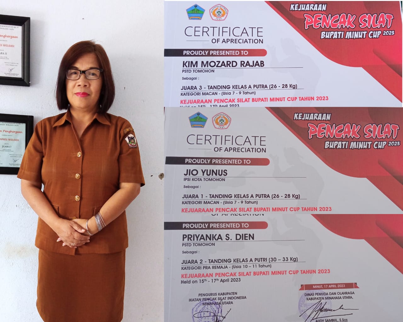 Foto : Kolase Kepala SD Inpres Woloan Dua, Fivie E.M Seke. (Kiri) Piagam Penghargaan (Kanan). *istimewa